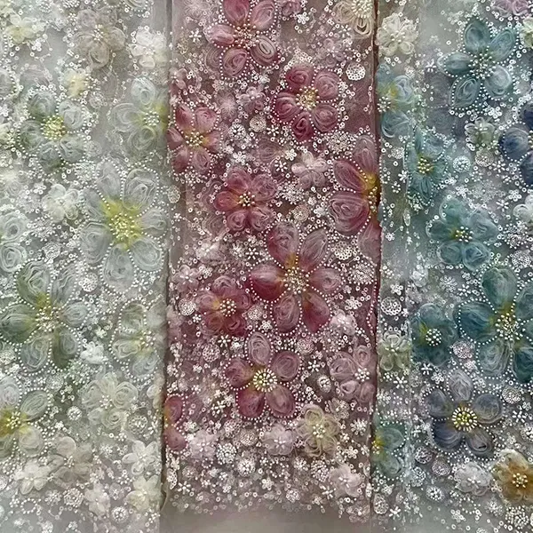 3D-Band-Blumen-Stickerei-Netzstoff mit Pailletten und Perlen