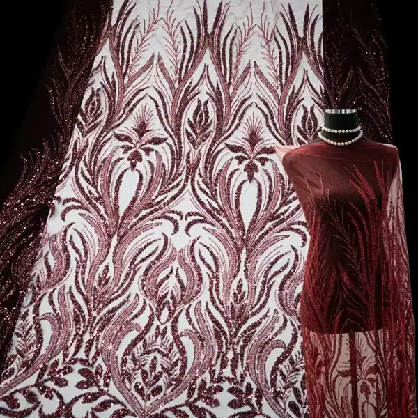 Luxuriöse, umweltfreundliche rote Perlen-Brautstickerei, Spitze, Pailletten, Mesh-Tüll, Hochzeitskleid-Stoffe für Damen, 100 % Polyester