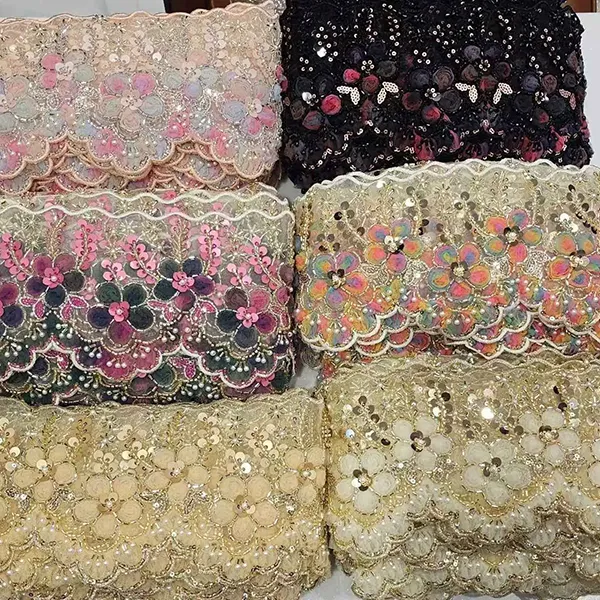 Mehrfarbige bestickte Spitze mit 3D-Mesh-Blumenband, Perlenröhre, Barcode-Stickspitze